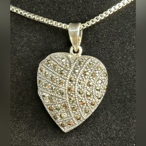 Vintage Sterling Silver Marcasite Heart Locket Pendant